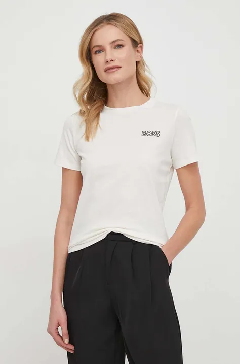 Βαμβακερό μπλουζάκι BOSS γυναικεία, χρώμα: μπεζ