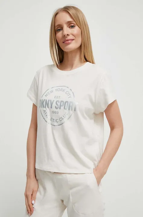 Βαμβακερό μπλουζάκι DKNY γυναικεία, χρώμα: μπεζ