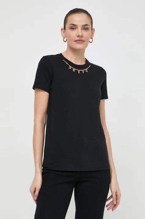 Bavlnené tričko Elisabetta Franchi dámsky, čierna farba