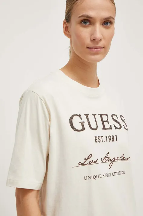 Bavlnené tričko Guess ANNEKA dámsky, béžová farba, V4RI01 I3Z14