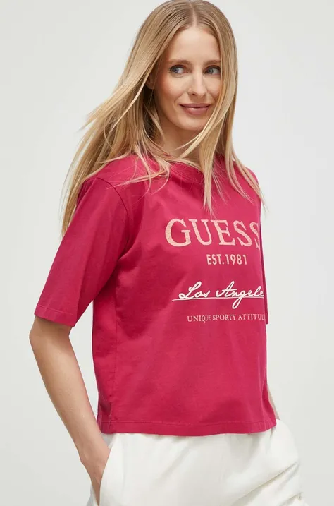 Βαμβακερό μπλουζάκι Guess γυναικεία, χρώμα: ροζ