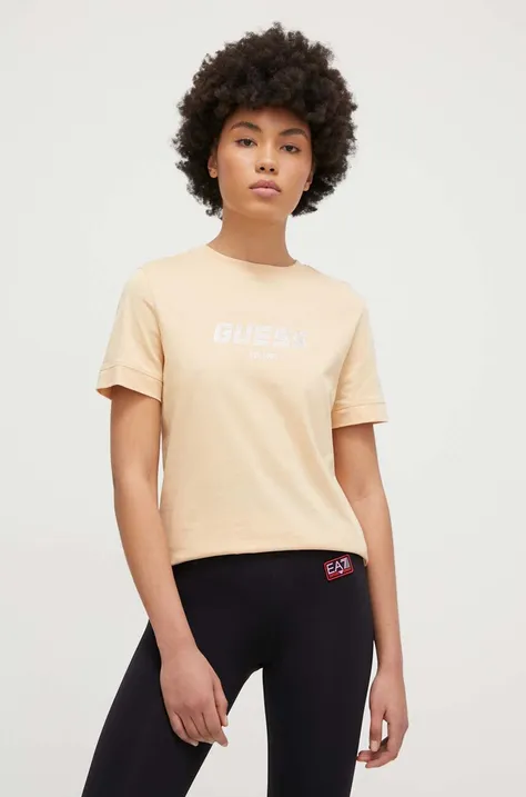 Βαμβακερό μπλουζάκι Guess γυναικεία, χρώμα: πορτοκαλί