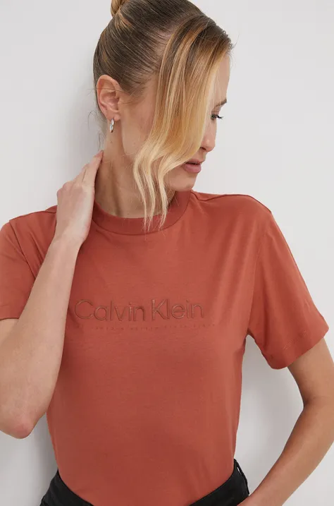 Pamučna majica Calvin Klein za žene, boja: smeđa