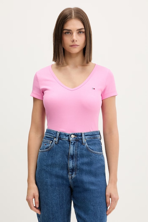 Tommy Jeans tricou pentru femei, din bumbac cu elastan roz DW0DW17385