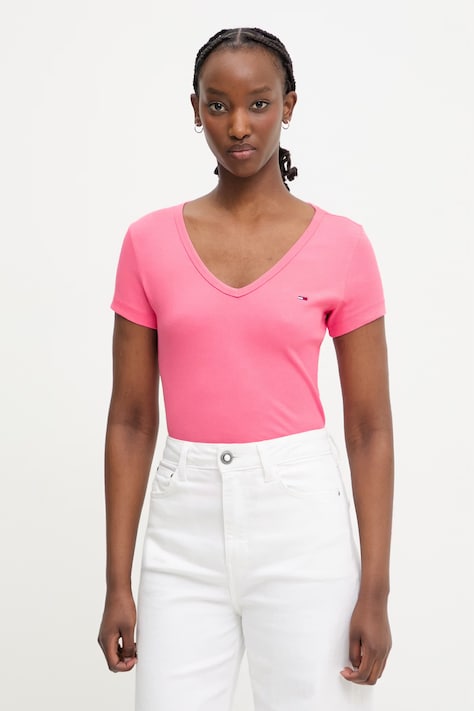 Tommy Jeans tricou damski din bumbac cu elastan roz DW0DW17385