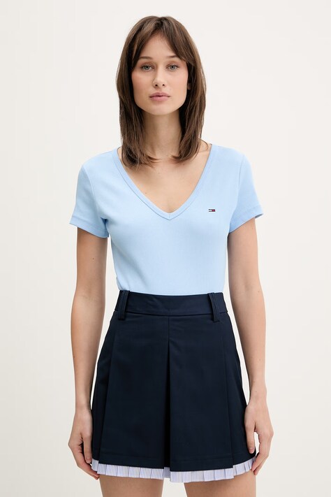 Tommy Jeans majica za žene od pamuka s elastanom plava DW0DW17385