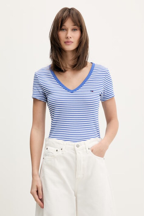 Tommy Jeans T-shirt damski bawełniany z elastanem niebieski DW0DW17385