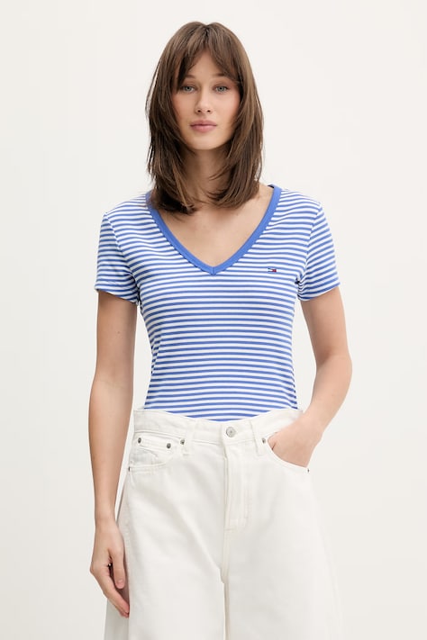 Tommy Jeans majica za žene od pamuka s elastanom plava DW0DW17385