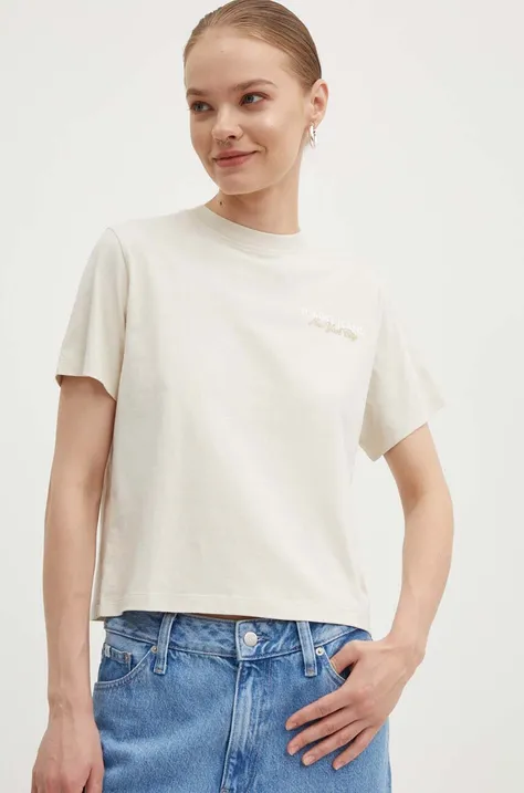 Βαμβακερό μπλουζάκι Tommy Jeans γυναικείο, χρώμα: μπεζ