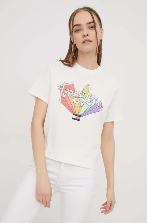 Pamučna majica Tommy Jeans za žene, boja: bež, DW0DW17380