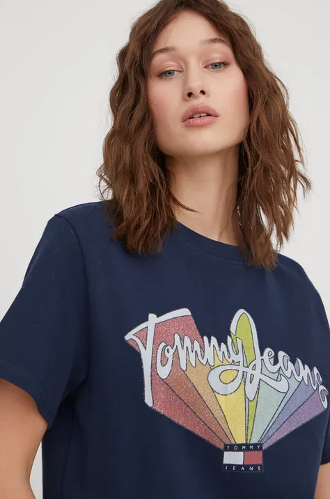 Bavlnené tričko Tommy Jeans dámsky,tmavomodrá farba,DW0DW17380