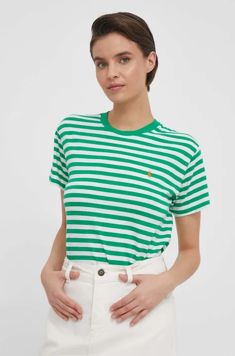 Bombažna kratka majica Polo Ralph Lauren ženski, zelena barva