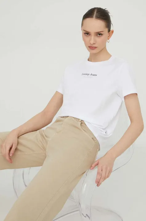 Bavlnené tričko Tommy Jeans dámsky, biela farba
