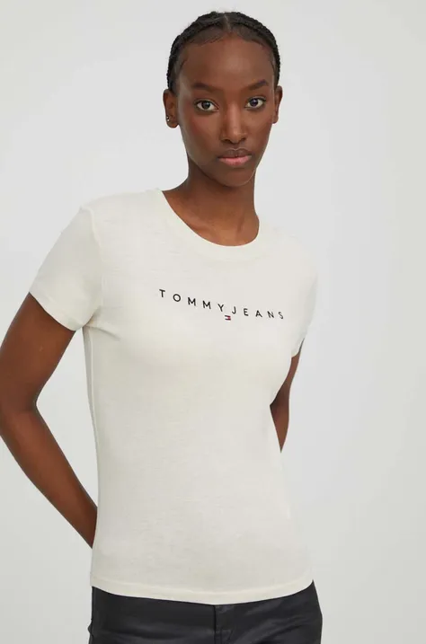 Bombažna kratka majica Tommy Jeans ženski, bež barva