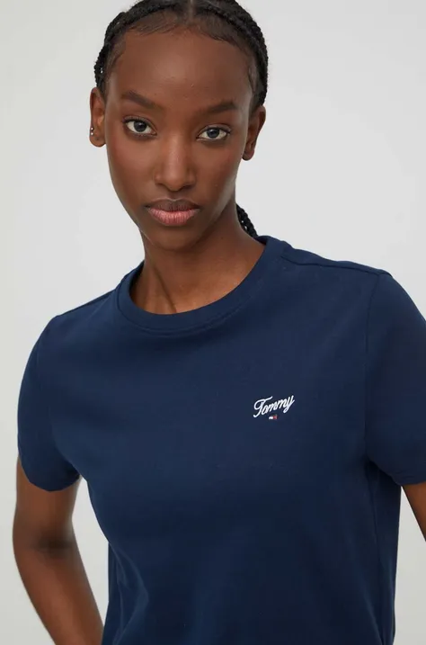 Pamučna majica Tommy Jeans za žene, boja: tamno plava