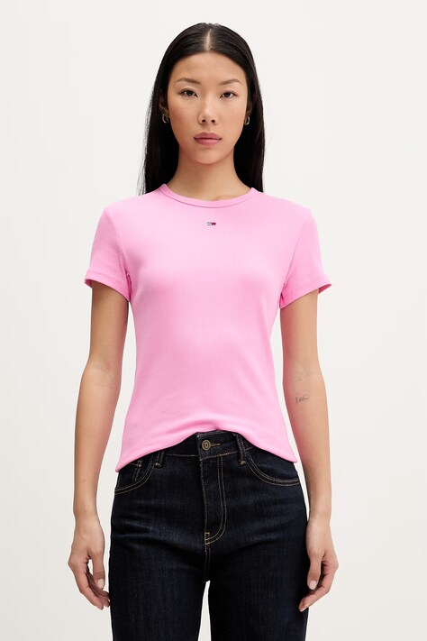 Tommy Jeans T-shirt basic damski bawełniany z elastanem różowy DW0DW17383