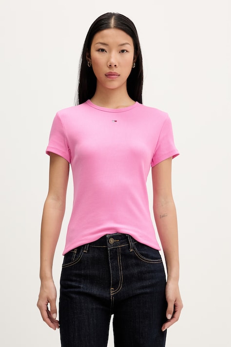 Tommy Jeans tricou basic pentru femei, din bumbac cu elastan roz DW0DW17383