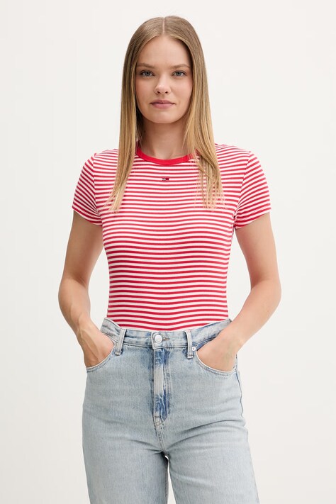 Tommy Jeans t-shirt basic damski bawełniany z elastanem czerwony DW0DW17383