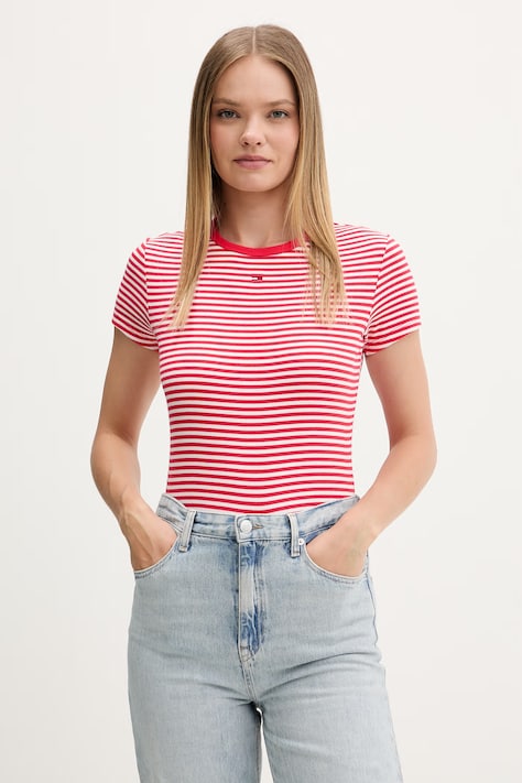Tommy Jeans t-shirt basic damski bawełniany z elastanem czerwony DW0DW17383