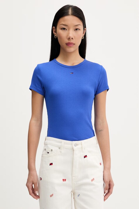 Tommy Jeans T-shirt basic damski bawełniany z elastanem niebieski DW0DW17383