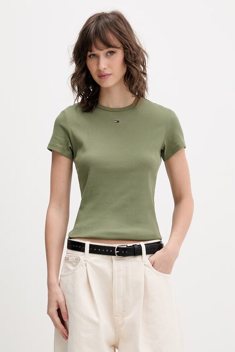Tommy Jeans t-shirt basic damski bawełniany z elastanem zielony DW0DW17383