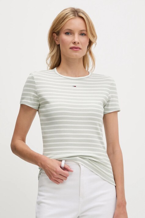 Kratka majica Tommy Jeans ženska, bež barva, DW0DW17383