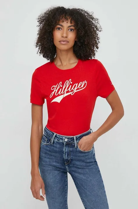 Pamučna majica Tommy Hilfiger za žene, boja: crvena