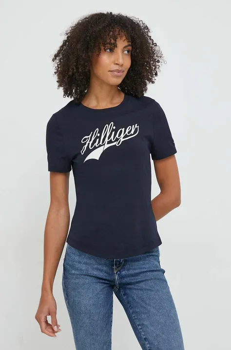 Pamučna majica Tommy Hilfiger za žene, boja: tamno plava, WW0WW41056