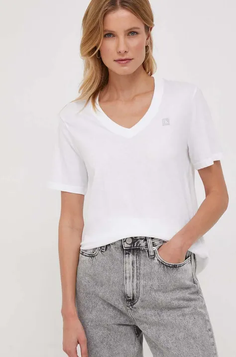 Βαμβακερό μπλουζάκι Calvin Klein Jeans γυναικεία, χρώμα: άσπρο