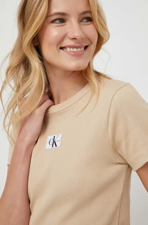 Kratka majica Calvin Klein Jeans ženski, bež barva