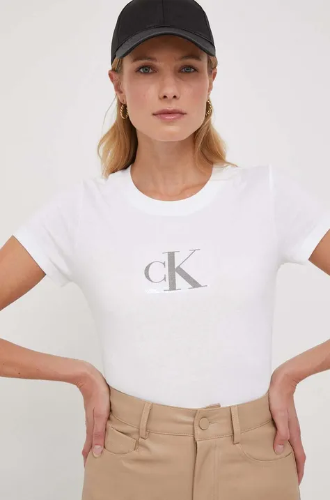 Bombažna kratka majica Calvin Klein Jeans ženski, bela barva