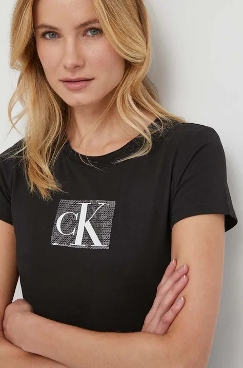 Βαμβακερό μπλουζάκι Calvin Klein Jeans γυναικεία, χρώμα: μαύρο