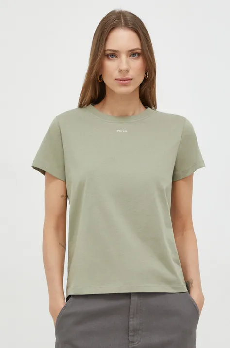 Bombažna kratka majica Pinko ženski, zelena barva