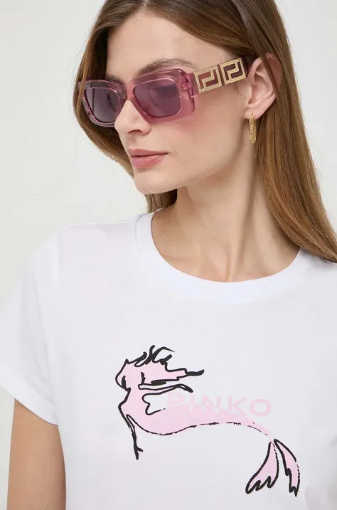 Bombažna kratka majica Pinko ženski, bela barva