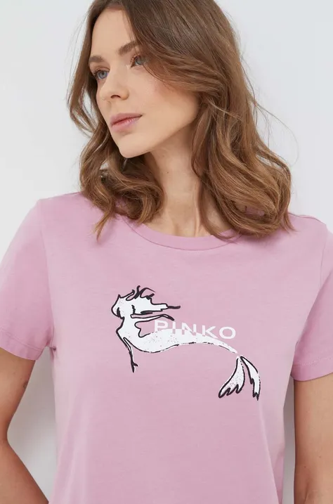 Bombažna kratka majica Pinko ženski, roza barva