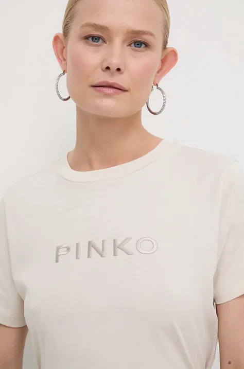 Bombažna kratka majica Pinko ženski, bež barva