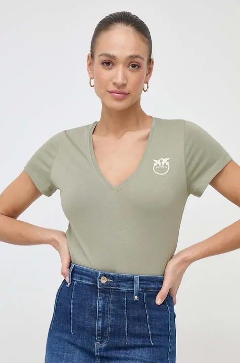 Pamučna majica Pinko za žene, boja: zelena