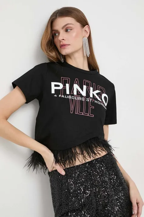 Bombažna kratka majica Pinko ženski, črna barva