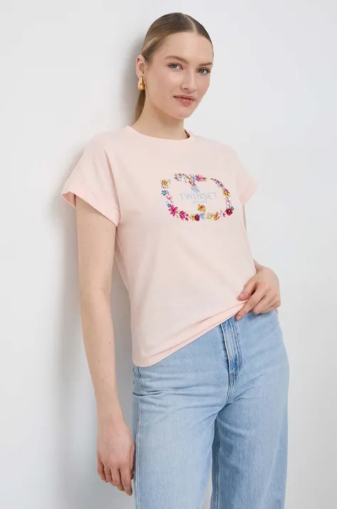 Pamučna majica Twinset za žene, boja: ružičasta