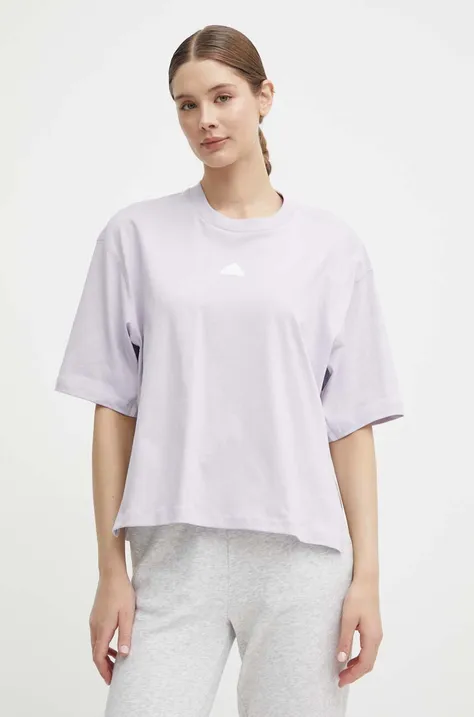 Bombažna kratka majica adidas ženska, vijolična barva, IS0877