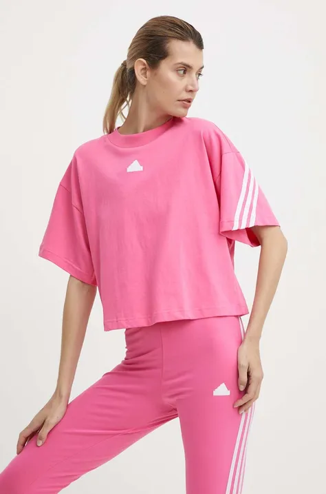 Bombažna kratka majica adidas ženska, roza barva, IS3620