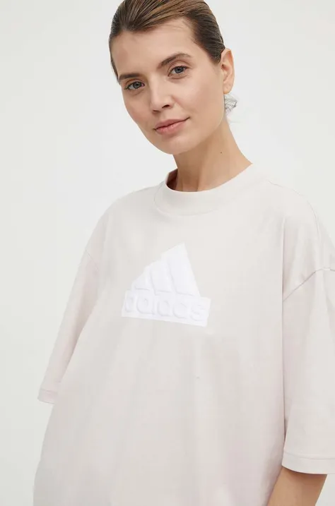 Bavlnené tričko adidas dámske, béžová farba, IS3896