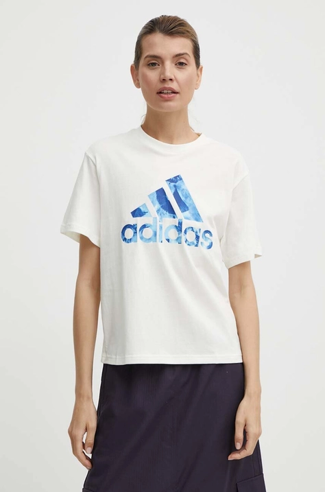 adidas t-shirt bawełniany damski kolor beżowy IS4258