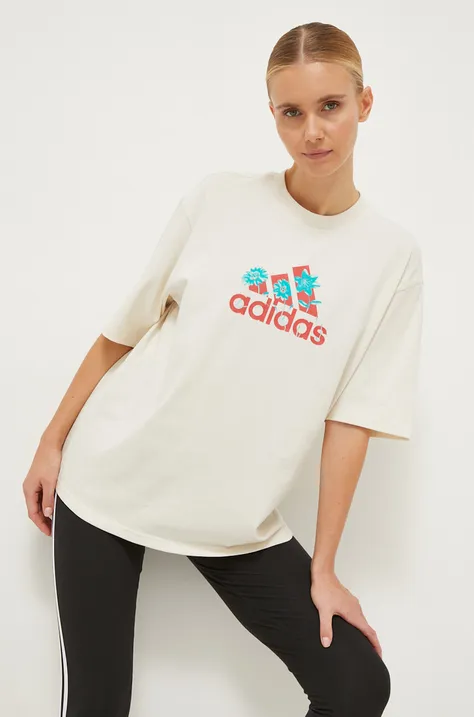 Bavlnené tričko adidas dámsky, béžová farba, IT1421