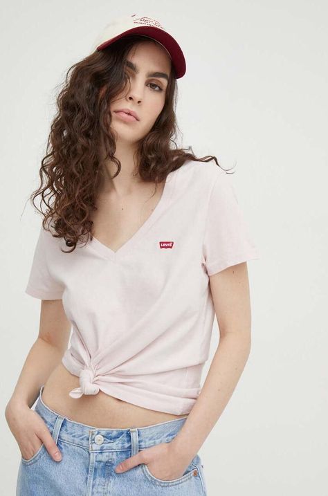 Βαμβακερό μπλουζάκι Levi's γυναικεία, χρώμα: ροζ