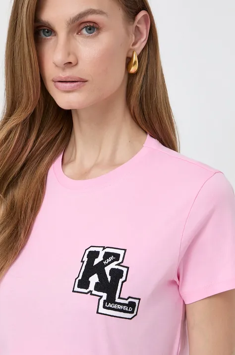 Βαμβακερό μπλουζάκι Karl Lagerfeld γυναικεία, χρώμα: ροζ