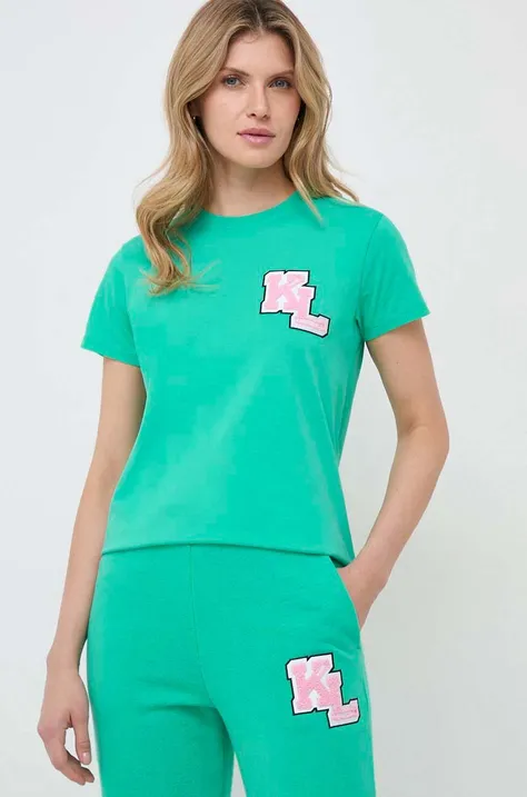 Bombažna kratka majica Karl Lagerfeld ženski, zelena barva