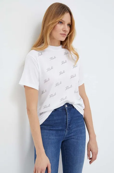 Bombažna kratka majica Karl Lagerfeld ženski, bela barva