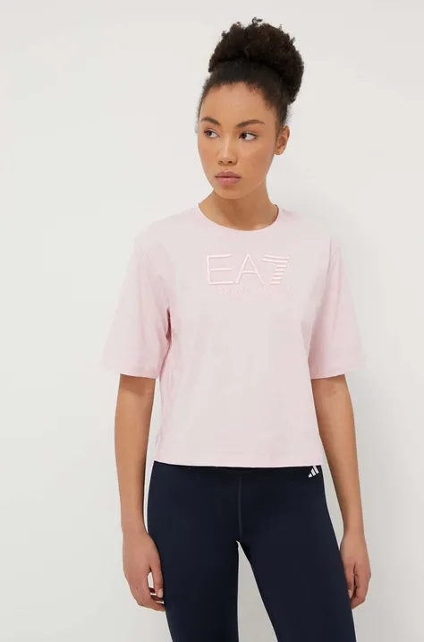 Bombažna kratka majica EA7 Emporio Armani ženski, roza barva