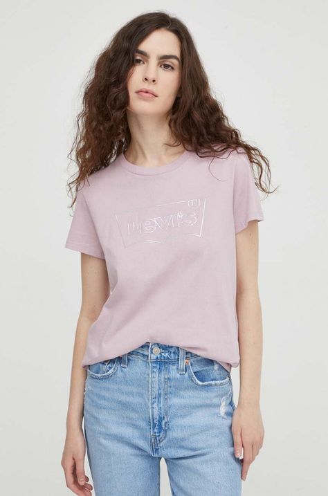 Βαμβακερό μπλουζάκι Levi's γυναικεία, χρώμα: ροζ